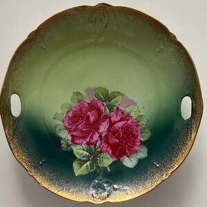 Vintage Gilded Green and Pink Rose Floral Decorative Console Bowl with Gold Trim